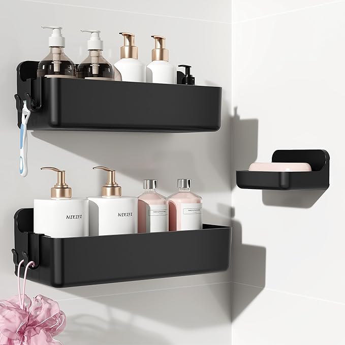 Nieifi Adhesive Wall Shelf, Shower Shelves, Shower Organizer for Bathroom Organization (Black, 3 pieces)