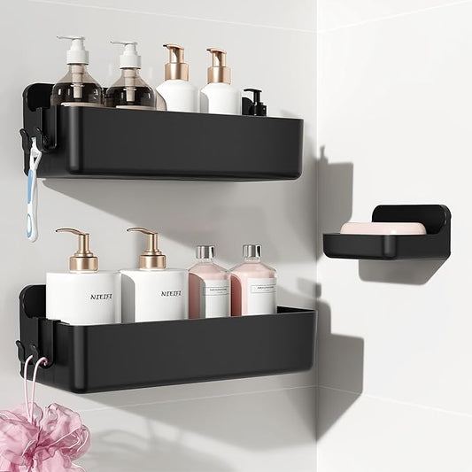 Nieifi Adhesive Wall Shelf, Shower Shelves, Shower Organizer for Bathroom Organization (Black, 3 pieces)