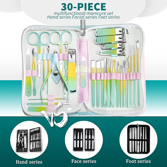 Manicure Set Women Personal Nail Care Kit, 30 in 1 Professional Manicure Kit for Women Pedicure Kit, Nail Clipper Set and Beauty Tool Portable Set, with Luxurious Travel Case (Multi-Colored)