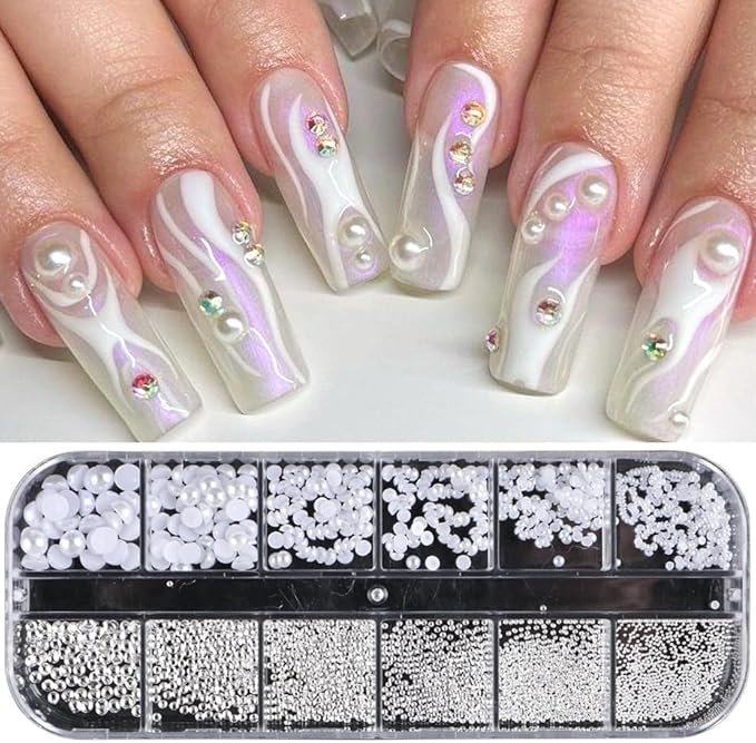12Grids 3D Mixed White Pearls Nail Charms 0.15-0.5mm Semicircle Pearl Beads Nails Art Decorations White Nail Pearls for DIY Tool Nail Studs Accessories Pearl Nail Charms Mini Small Nail Beads (White)