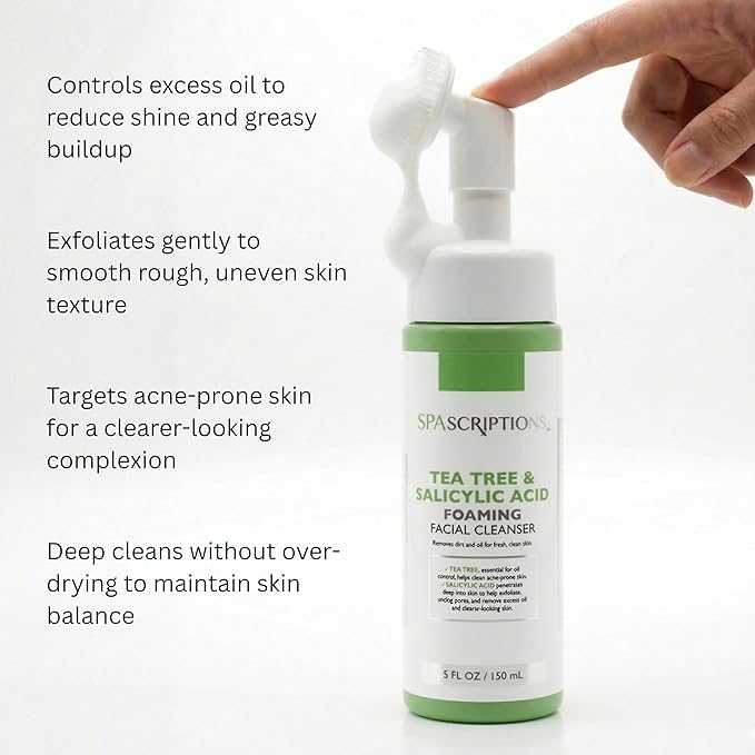 SpaScriptions 2 in 1 Cleanse & Exfoliate Foaming Facial Cleanser - Tea Tree & Salicylic Acid Face Wash with Silicone Brush for Acne & Pores with Oil Control for Daily Cleansing, All Skin Types, 5 oz