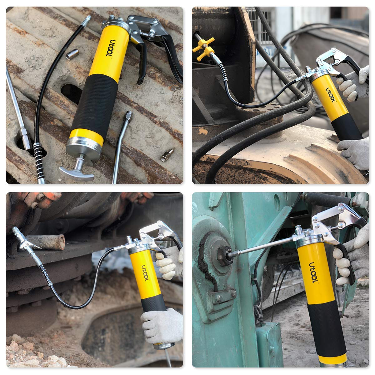 UTOOL Grease Gun, 8000 PSI Heavy Duty Pistol Grip Grease Gun Kit with 14 oz Capacity, 18 Inch Resin Flex Hose, 2 Basic Coupler, 2 Extension Rigid Pipe and 1 Sharp Type Nozzle, Argent Matte Finish