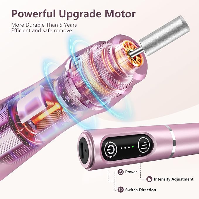 Cordless Nail Drill Electric Rechargeable File Kit, Professional Efile Acrylic Gel Nail Polish Remover Pedicure Manicure Machine Portable Set with 11 Bits 56 Sanding Bands (Pink)