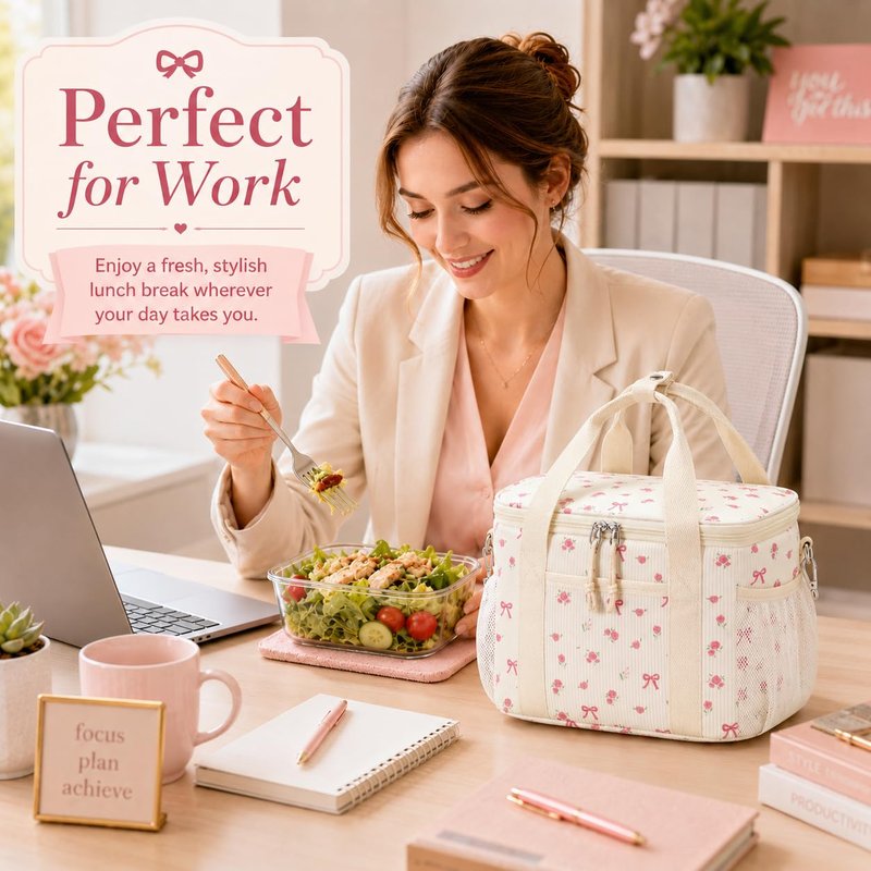 BTOOP Insulated Lunch Box for Women, Cute Leakproof Lunch Tote, Large Capacity Aesthetic Lunch Bag Girls with Shoulder Strap for Work, School, Picnic Pink Bow Floral