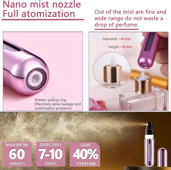 opasyo 4 Pcs Mini Refillable Perfume Portable Atomizer Bottle, 5ml Bottom-Fill Perfume Spray Scent Dispenser, Leak-Proof Travel Pump for Cologne, Aftershave & Purse (Silver/Pink/Gold/Black)