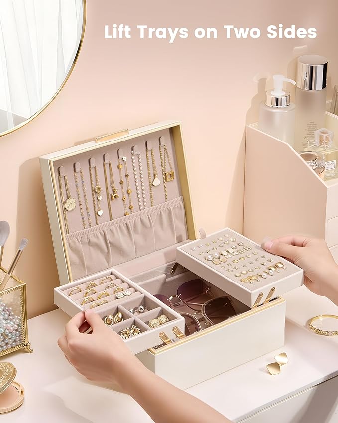 Lolalet Jewelry Box Organizer for Women Girls, 2 Layer Jewelry Organizers and Storage for Necklace Earrings Rings Bracelets, Large Jewellery Holder Case Birthday Valentine Gifts -Cream