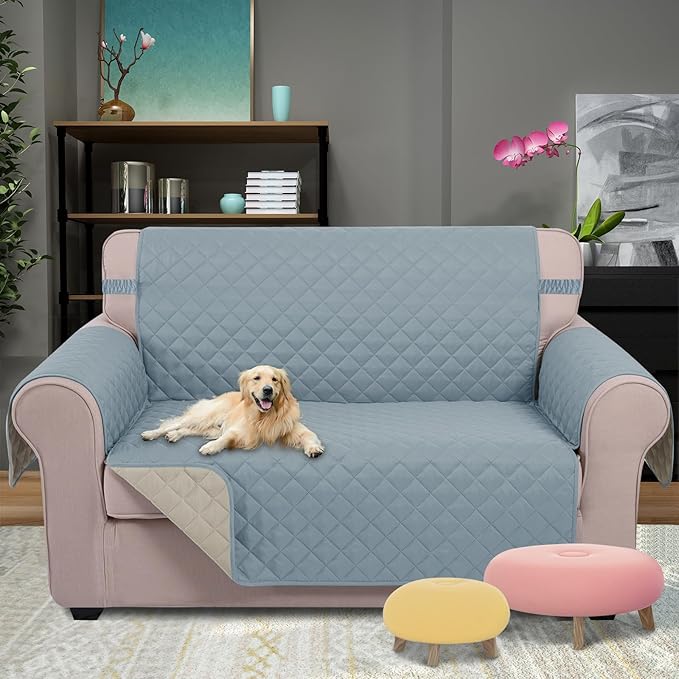 U-NICE HOME Loveseat Sofa Cover Reversible Couch Covers for 2 Cushion Couch for Dogs Furniture Protector Cover with Elastic Straps Water Resistant(Loveseat Small, Light Blue/Beige)