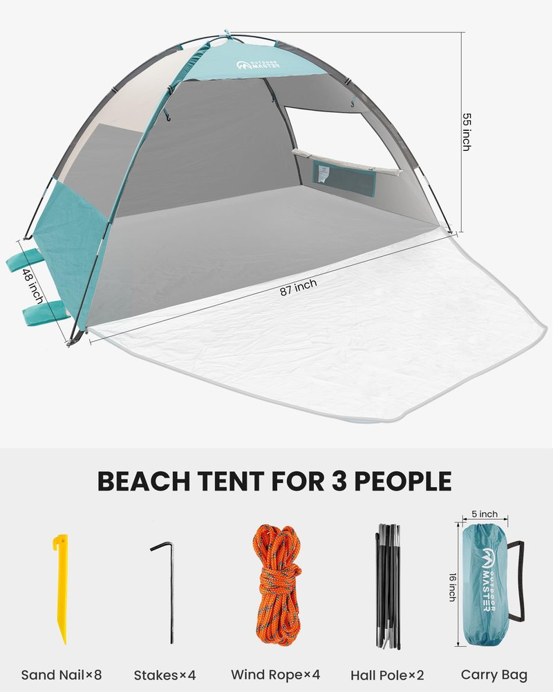 OutdoorMaster Beach Tent Sun Shelter with 2 Ventilated Doors, UPF50+ Easy Setup Beach Tent Canopy for 3 Person, Lightweight & Portable Family Beach Umbrellas for Sand with Carrying Bag-Cancun Seashore