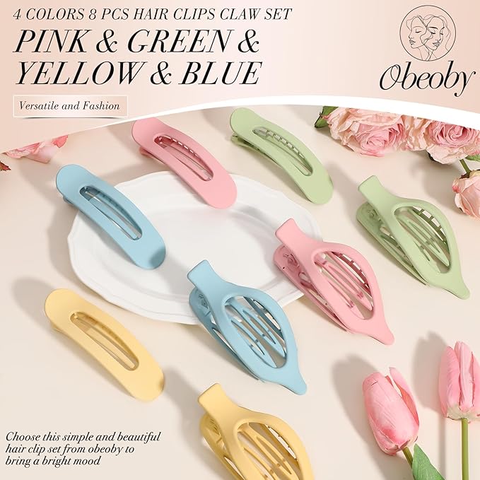 obeoby 8 PCS Flat Hair Clips, Light Colorful Flat Claw Clips 2 Styles Hair Claws for Girls Teens