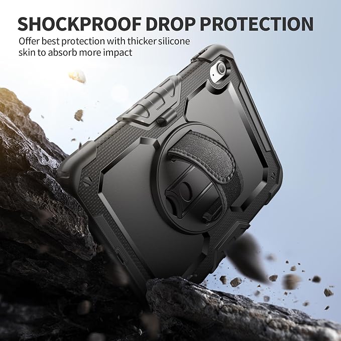 Ambison Case for iPad (A16) 11th/10th Generation 11"/10.9'' 2025/2022,Heavy Duty Shockproof Case with Tempered Glass Screen Protector, 360° Rotating Handle Strap&Stand,Shoulder Strap-Black