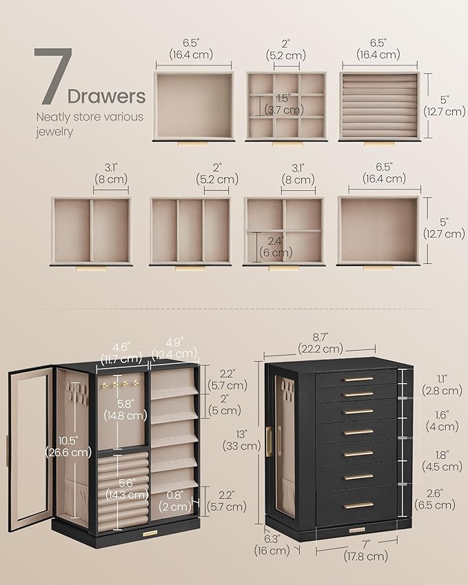 SONGMICS Jewelry Box 360° Rotating, Jewelry Storage Case with 7 Drawers, Jewelry Organizer, Glass Window, Spacious, Vertical Jewelry Storage, Open Design, Great Gift, Ink Black UJBC201B01