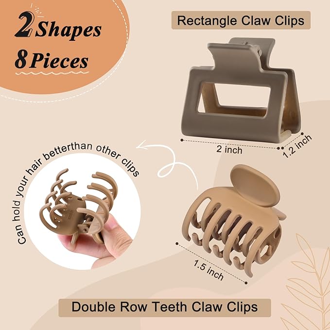 DEEKA 8 Pack Medium Small Hair Clips Set 2"" Rectangle and 1.6"" Double Row Teeth Hair Claw Clips for Thin Short Hair Matte Hair Clips Hair Accessories for Women Girls, Beige, Brown, Khaki, Black