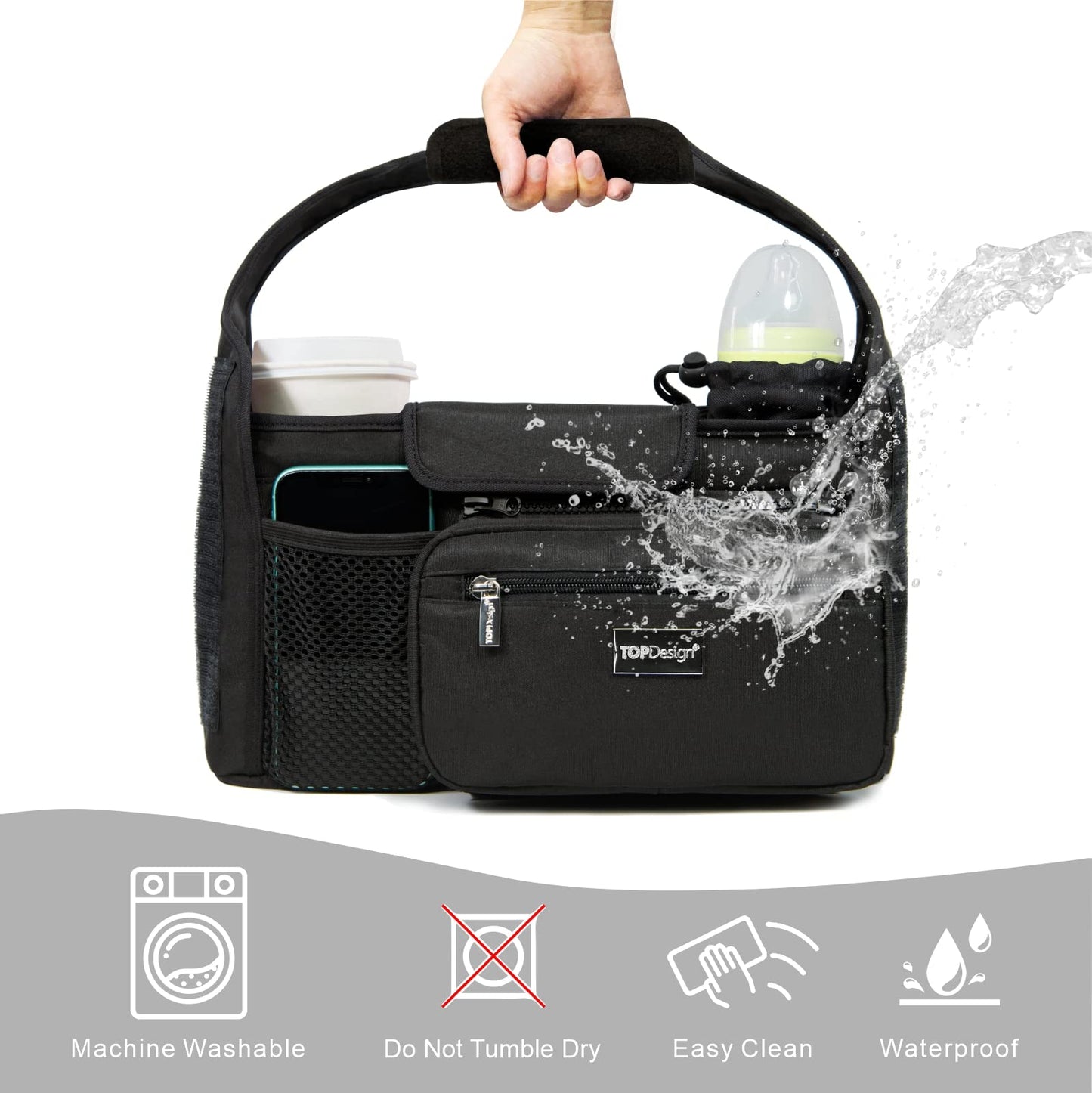 TOPDesign Universal Baby Stroller Organizer, Stroller Caddy with Heightened Insulated Cup Holders & Non-Slip Secure Hooks Accessories, Fits Most Strollers, Machine Washable (Black)