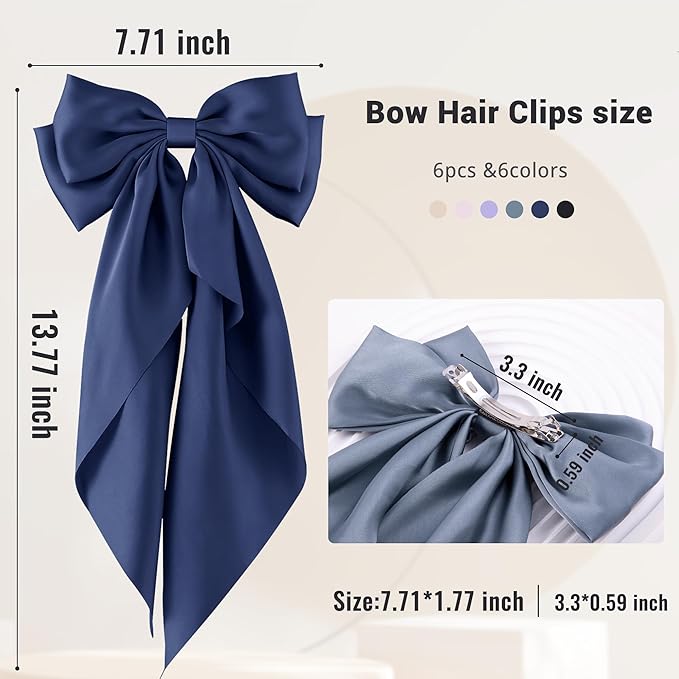 6Pcs Large Bows Hair Clips for Women Girls Long Tail Hair Ribbon Silky Satin Barrettes Coquette Hair Bows Accessories (Black/Bluegrey/Deepblue/Light Pink/Purple/Khaki)