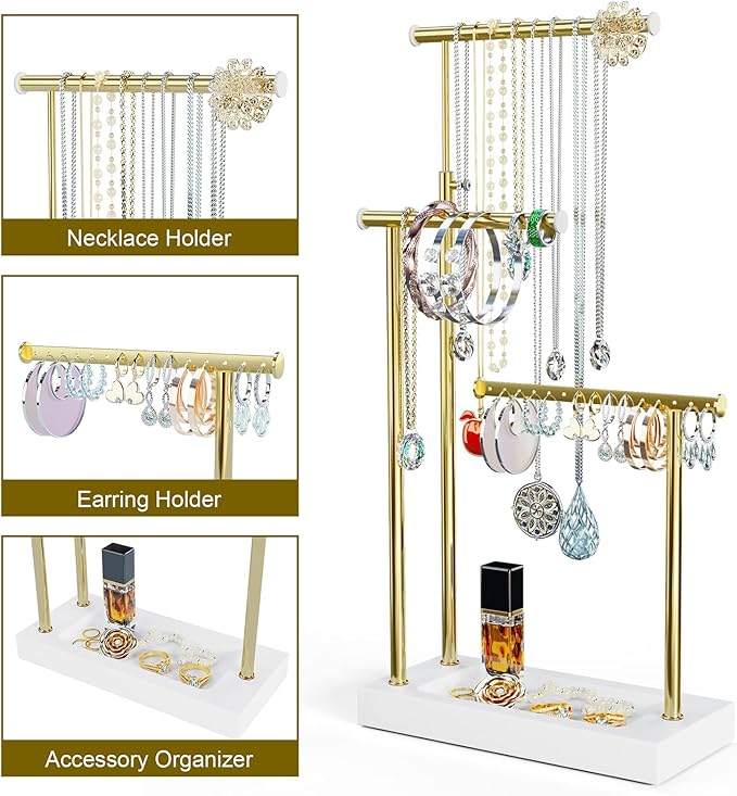 SRIWATANA Jewelry Organizer Display Extra Tall Necklace Holder 3 Tier Jewelry Tree Stand, Gift Idea (White & Gold)