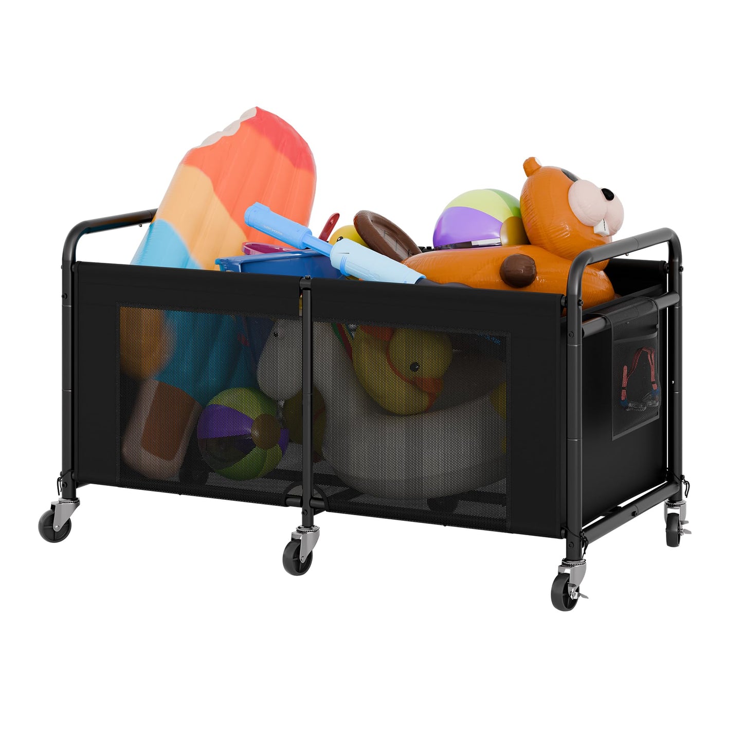 StorageWorks 120 Gallon Pool Float Storage, Mesh Pool Toy Storage Bin with Wheel and Side Pockets, Small Swimming Organizer, Outdoor Noodles Holder, Black