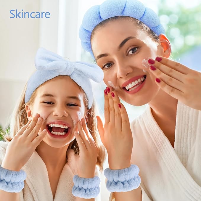 Chanaco Spa 4PCS Face Wash Hair Accessories in Blue - Makeup Headband, Skincare Headband with Bow Tie, Sponge Wrist Bands for Women and Girls