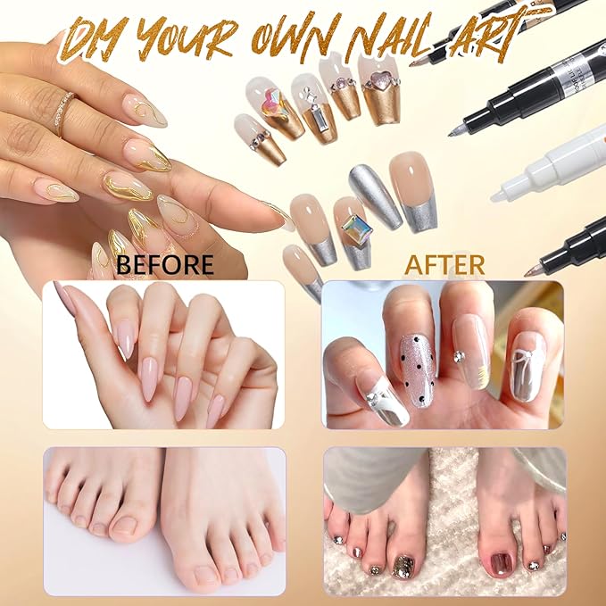 Nail Art Pens, Nail Polish Pens Set Nail Chrome Eraser Pen Drawing Painting Point Liner Pens With Eraser Pen, Waterproof and Quick-drying Nail for DIY Nails Art Design