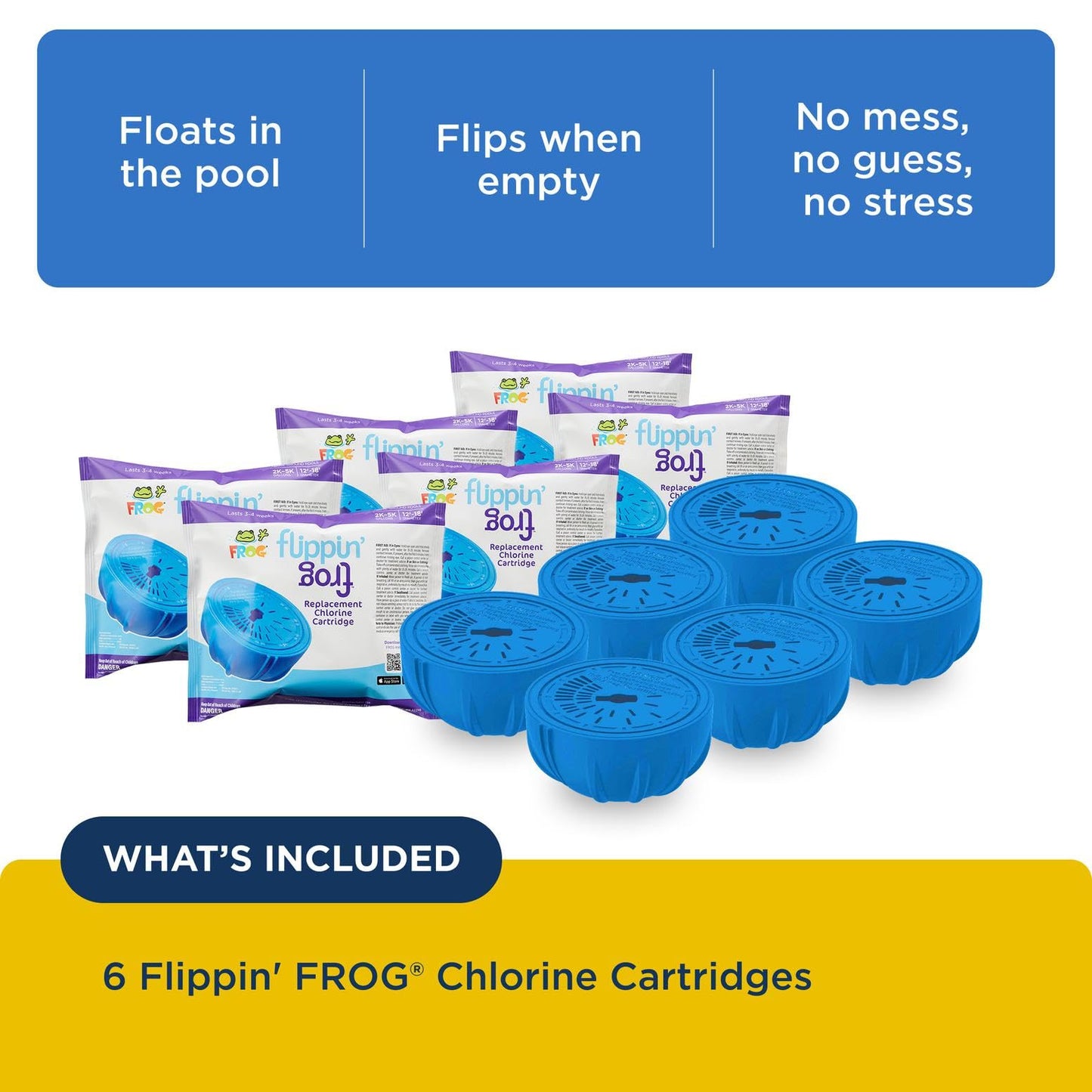 FROG Replacement Chlorine Cartridges for use with Flippin’ FROG Floating Sanitizer System - Prefilled Cartridges Support Easy Pool Maintenance and Cleaner & Clearer Water - 6 Pack