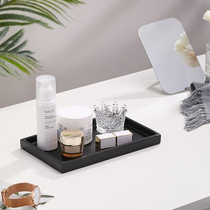 Luxspire Bathroom Vanity Tray, Resin Dresser Jewelry Ring Dish Tank Storage Kitchen Sink Countertop Organizer Plate Holder for Perfume Candles Soap Towel Plant Bathroom Accessories, M, Matte Black