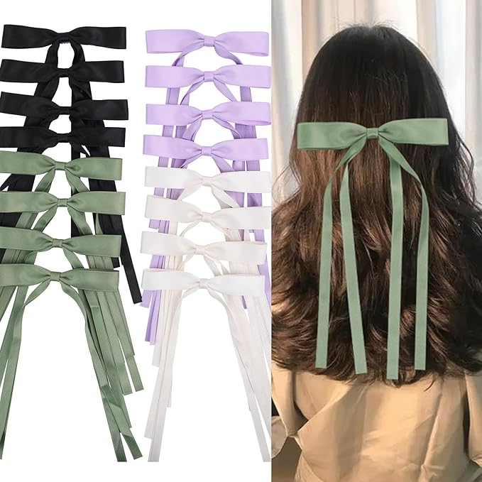 Hair Bows Clips Coquette Ribbon Bowknot with Long Tail Princess Hair Bows French Barrettes Hair Accessories for Women Girls 16PCS (Cream, Green, Purple, Black)