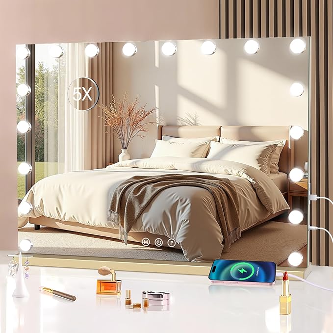 Vanity Mirror with Lights, 31.5" x 23.6" Large Makeup Mirror with LED Lights, Smart Touch Dimmable 3-Color Light, Memory Function, USB Charging Port Gold