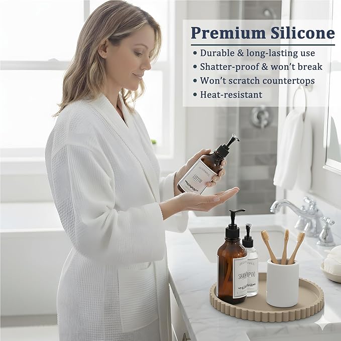 HighHerz Silicone Bathroom Countertop and Vanity Tray, Round Silicone Bathroom Tray, Modern Bathroom Decor, Coffee Table Decor, Decorative Tray for Candle, Perfume, Plants (Khaki, 9 inch)