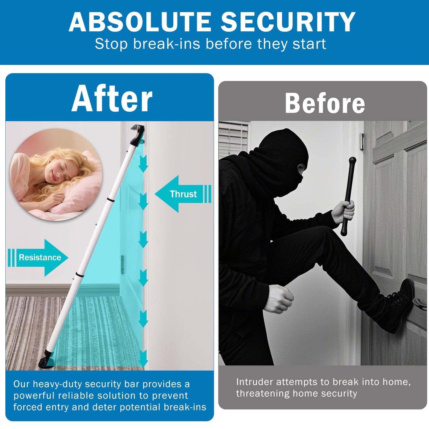 Heavy Duty Sliding Door Security Bar, Adjustable 23"-47" Security Window Stopper Jammer for Home & Travel, Door Lock Stick Bar with Anti-Slip 360° Base Fits All Floors, Hotel/Apartment Safety Device