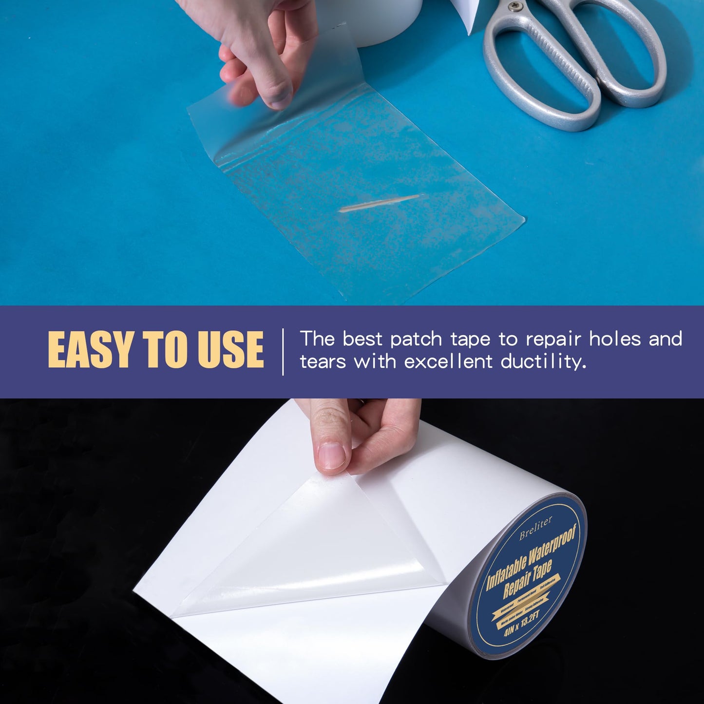 Breliter Inflatable Waterproof Repair Tape - Waterproof TPU Patch Repair Kit, Sealing Repair Tape for Air Mattress, Bounce House, Inflatable Toys, Tent, Swimming Ring, Heavy Duty - 4in x 13.2ft