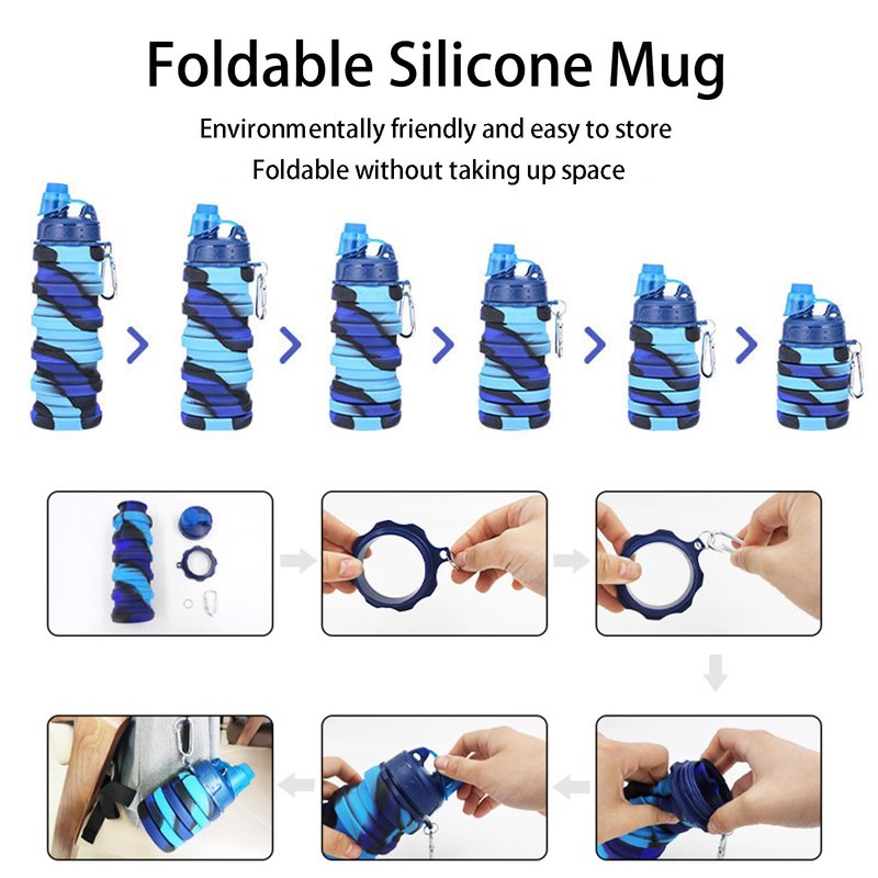 YCTMALL Collapsible Water Bottles Two Pack Travel Sports Portable Sport Water Bottle comes with mountaineering Buckle 500ml silicone Water-proof camping water bottle (Dark blue and Purple Color)