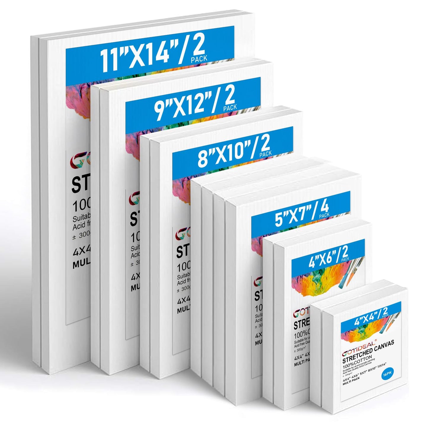Gotideal Canvas for Painting, 14 Pcs Muti Pack Stretched Painting Canvas, Blank Paint Canvases for Acrylic, Oil, Art Supplies for Artists, Adults 4x4,4x6, 5x7, 8x10,9x12, 11x14 Set of 14