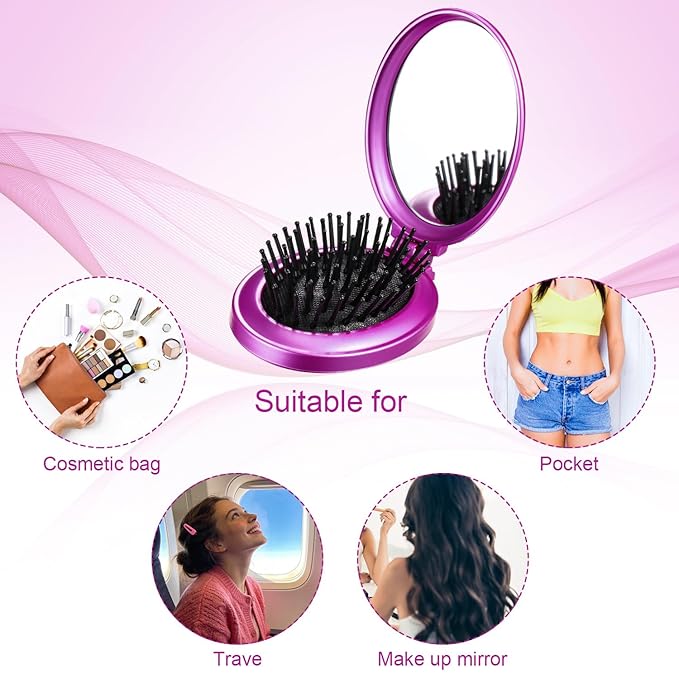 Boao 2 Pack Foldable Travel Mirror Hair Brushes Portable Folding Pocket Hair Brush Mini Comb Compact Travel Size Massage Comb for Men Women(Blue, Purple,Round)