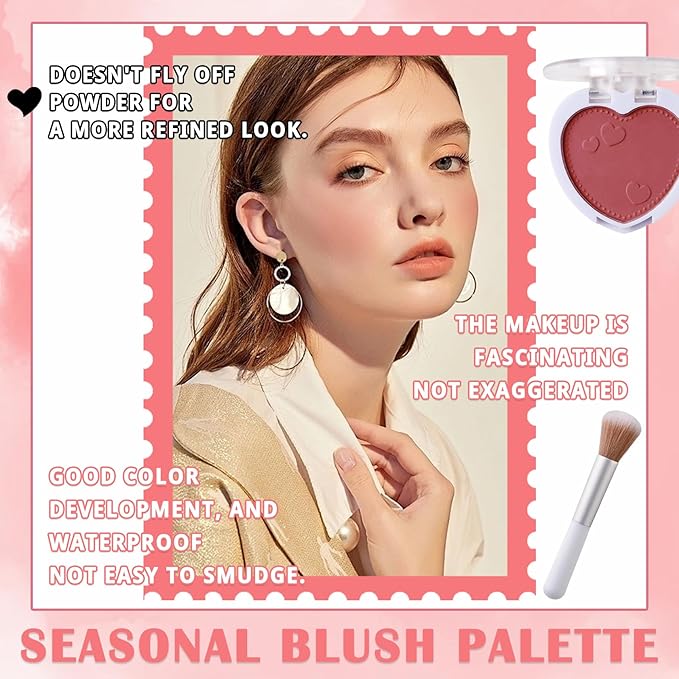 4Pcs Blush Palette for Cheeks with Make Up Brush,Face Matte Contour Blush Makeup Palette,Buildable Shimmer Facial Cheek Blusher Shades,Blendable Cosmetic Makeup Blush B