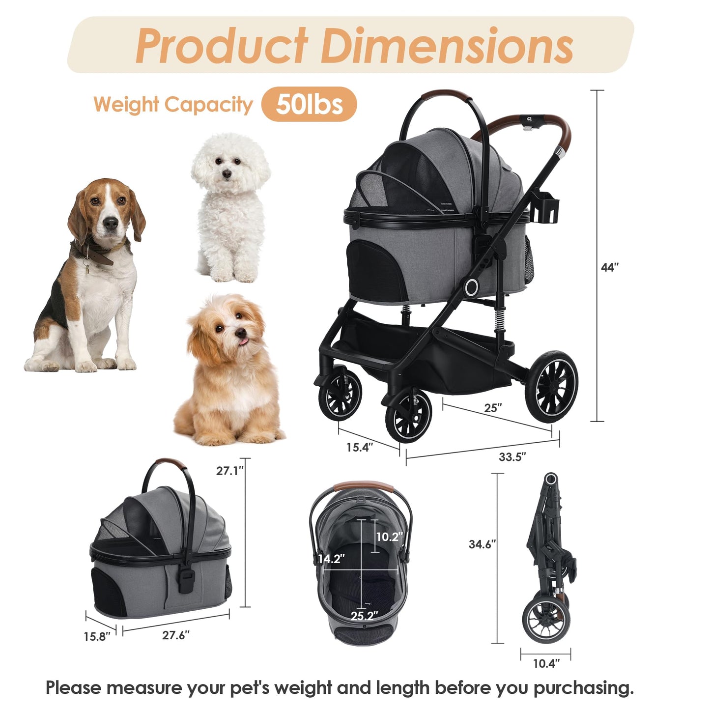 TODEFULL Pet Stroller with 4 Wheels, 3 in 1 Folding Puppy Strollers for Small/Medium Dogs Cats up to 50lbs, Lightweight Pet Travel Carrier with Detachable Cushion, Storage Basket and Cup Holder, Gray