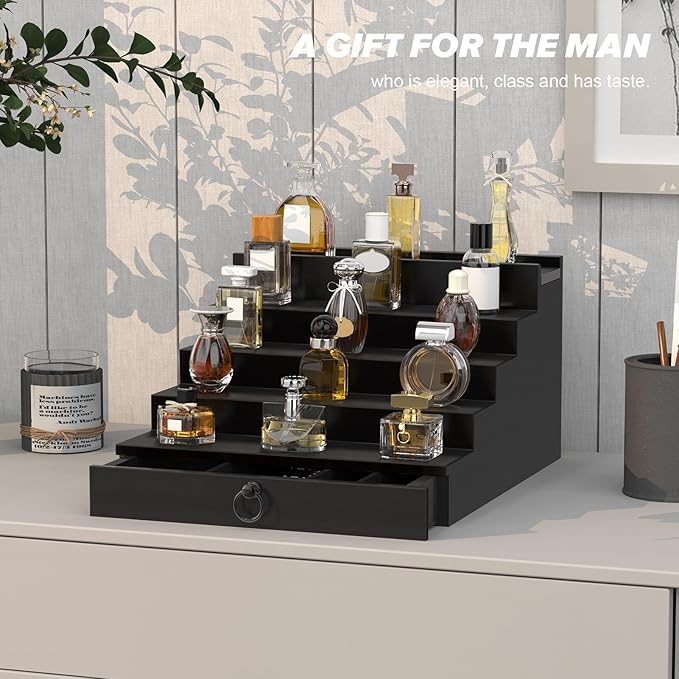 Cologne Organizer for Men, 5 Tier Black Wood Perfume Organizer with Felt Lining Drawer and Hidden Compartment, Perfume Display Holder, A Gift for Men