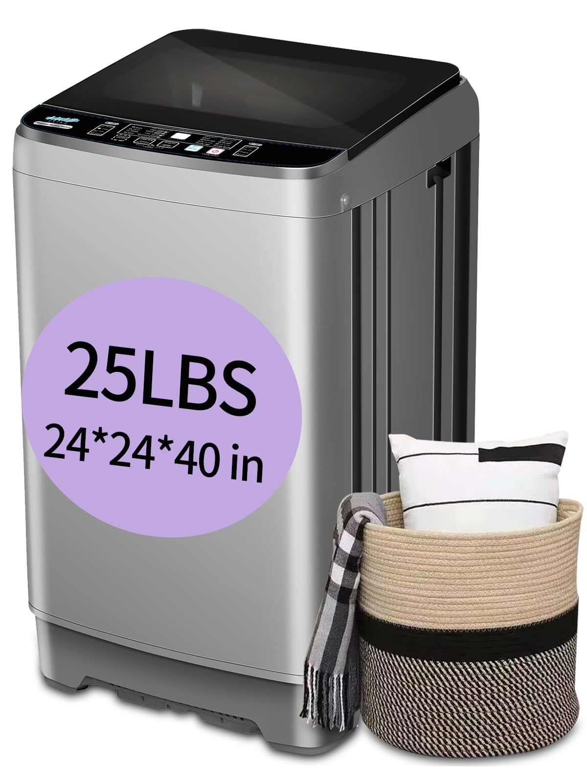 KRIB BLING Full-Automatic Washing Machine with LED Display 25 lbs Portable Washer 10 Wash Program & 8 Water Level Drain Pump Ideal for Camping, Apartment, Dorm Grey