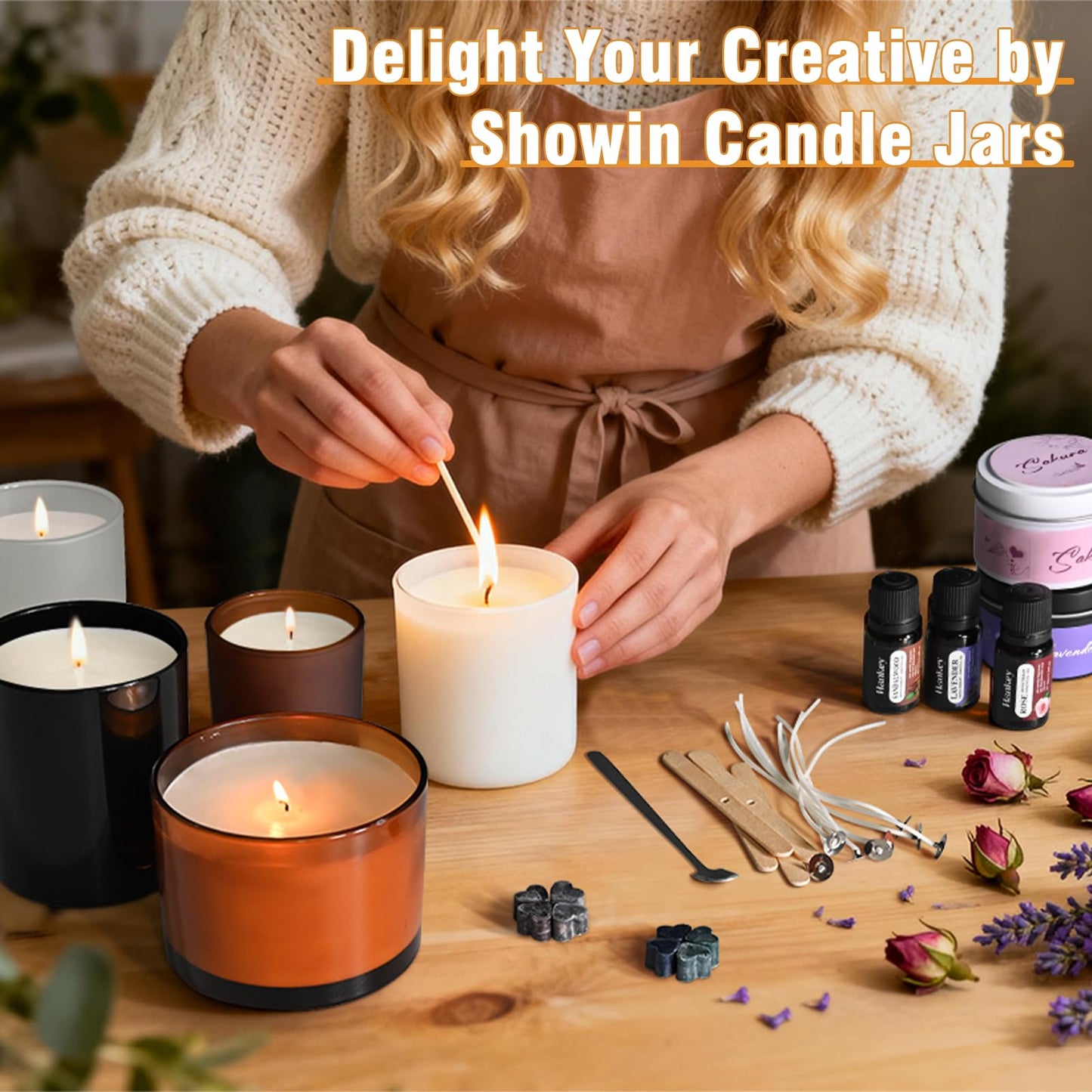 SHOWIN Thick Candle Jars for Making Candles 12 Pcs, 7 OZ Empty Jars with Wood Lids for Candle Making, Sample Container, Inner White
