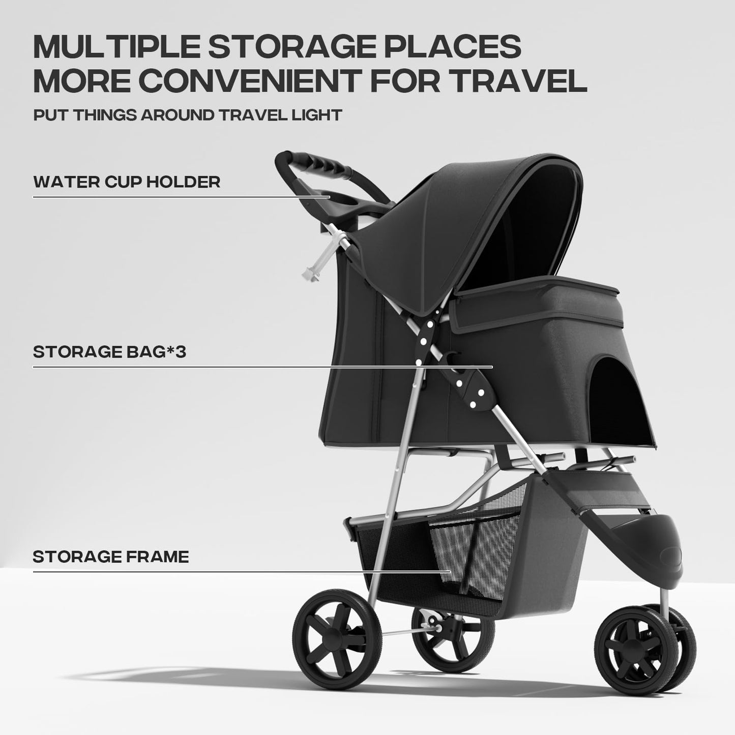 Pet Stroller for Small Dogs 10 lbs, Dog Stroller for Medium Dogs 30 lbs, Cat Strollers for 2 Cats, 3 Wheels Foldable Jogger Puppy Stroller with Storage Basket and Cup Holder, Carbon Black
