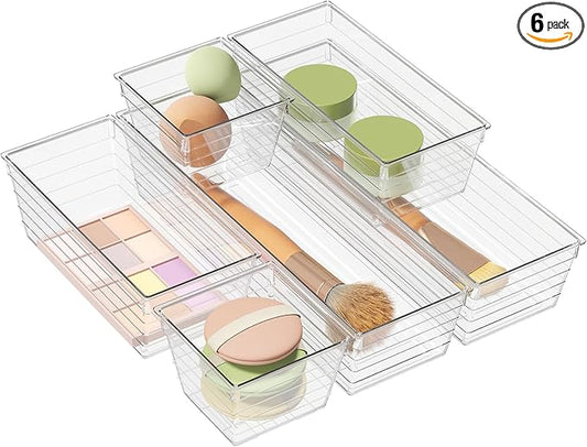 DCA 6 Pack Clear Drawer Organizer, Acrylic Drawer Storage Trays, Storage Bins for Makeup, Cosmetics, Jewelries, Utensils, Gadgets, Office