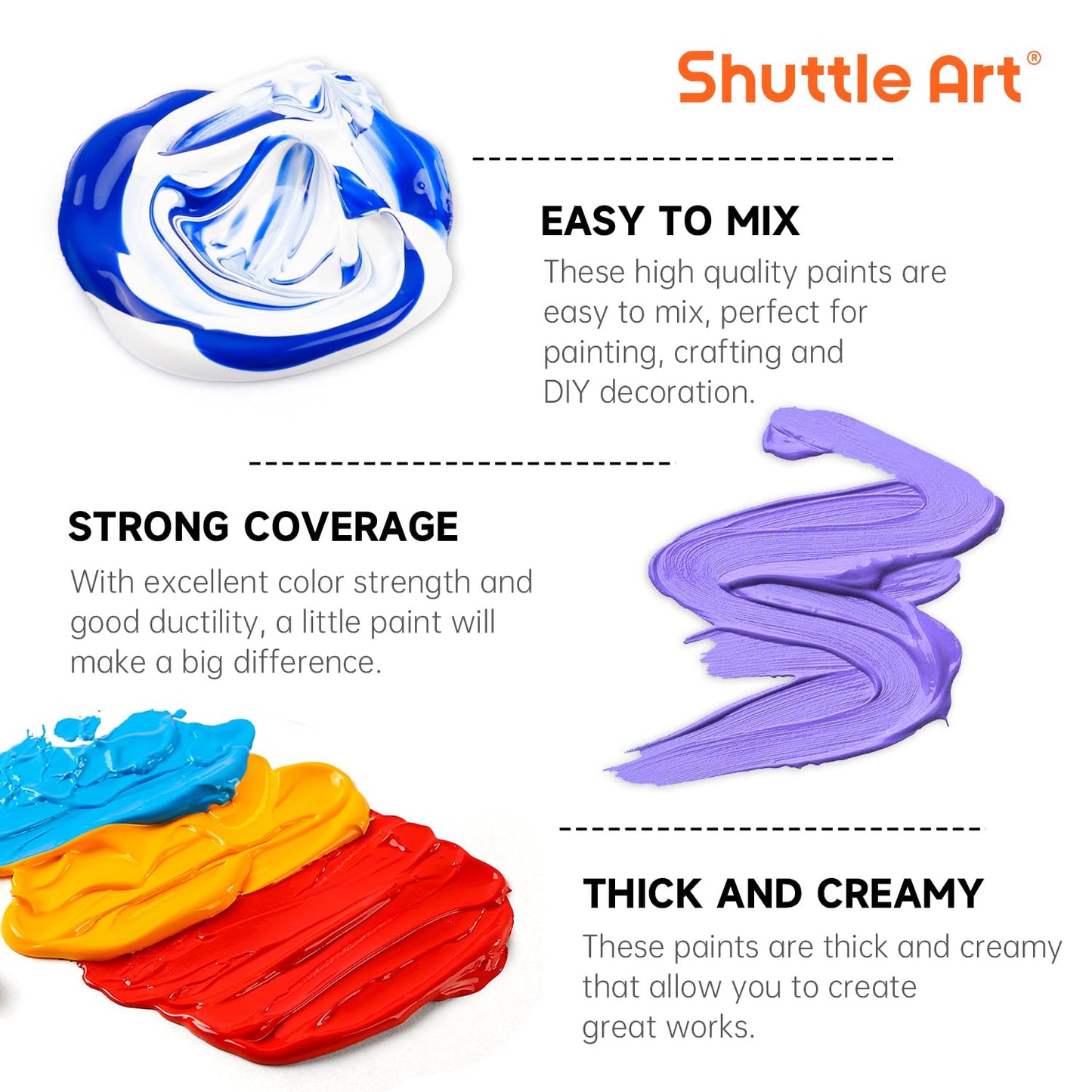 Shuttle Art Acrylic Paint, 50 Colors Acrylic Paint Set, 2oz/60ml Bottles, Rich Pigments, Water Proof, Premium for Artists, Beginners and Kids on Canvas Rocks Wood Ceramic Fabric