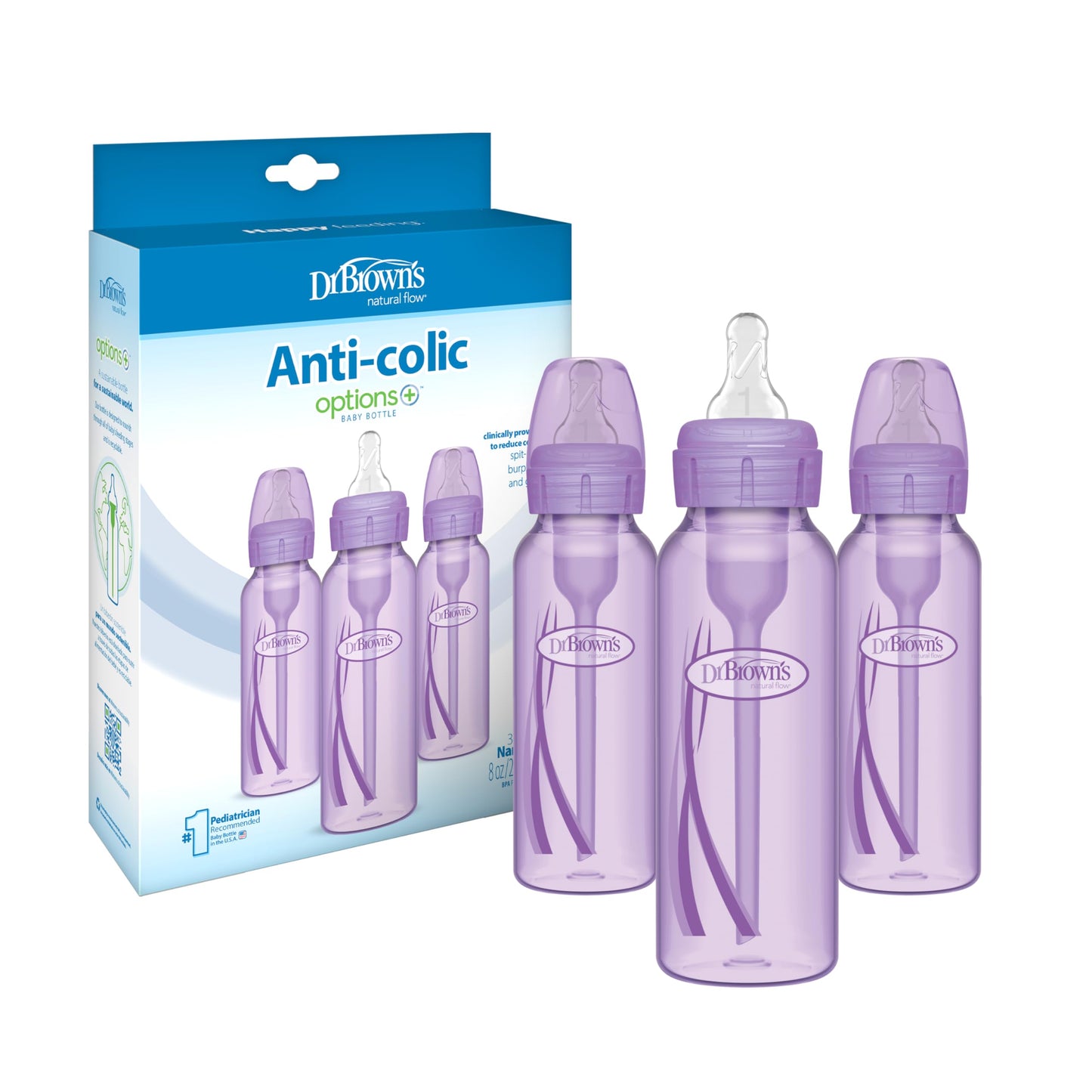 Dr. Brown’s Anti-Colic Options+ Narrow Baby Bottles, 0m+ Level 1 Nipple - Baby Bottle to Reduce Colic (3 Pack), Purple 8 oz