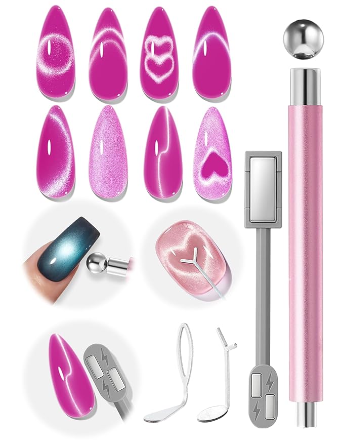 modelones Cat Eye Gel Polish Nail Magnet, 3-in-1 Cat Eye Magnet Pen & Heart-Shaped for Nail Art Tool Cylindrical & Ball &Hole &Lightning Magnet, Multi-Effect Magnets for Cateye Gel Polish DIY Salon