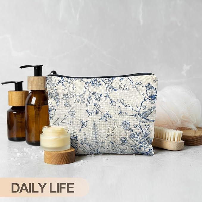 Chinoiserie Floral Makeup Bag, Chinoiserie Decor Cosmetic Bag Toiletry Bag for Women, Floral Bird Makeup Bag, Chinoiserie Makeup Pouch
