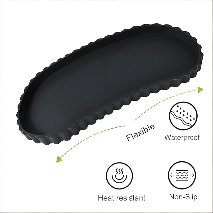 Black Oval Silicone Bathroom Vanity Tray - Decorative Soap Holder, Countertop Organizer for Kitchen/Bathroom/Coffee Table - Storage for Candle, Perfume, Jewelry Decor,Small Plant & Toiletries
