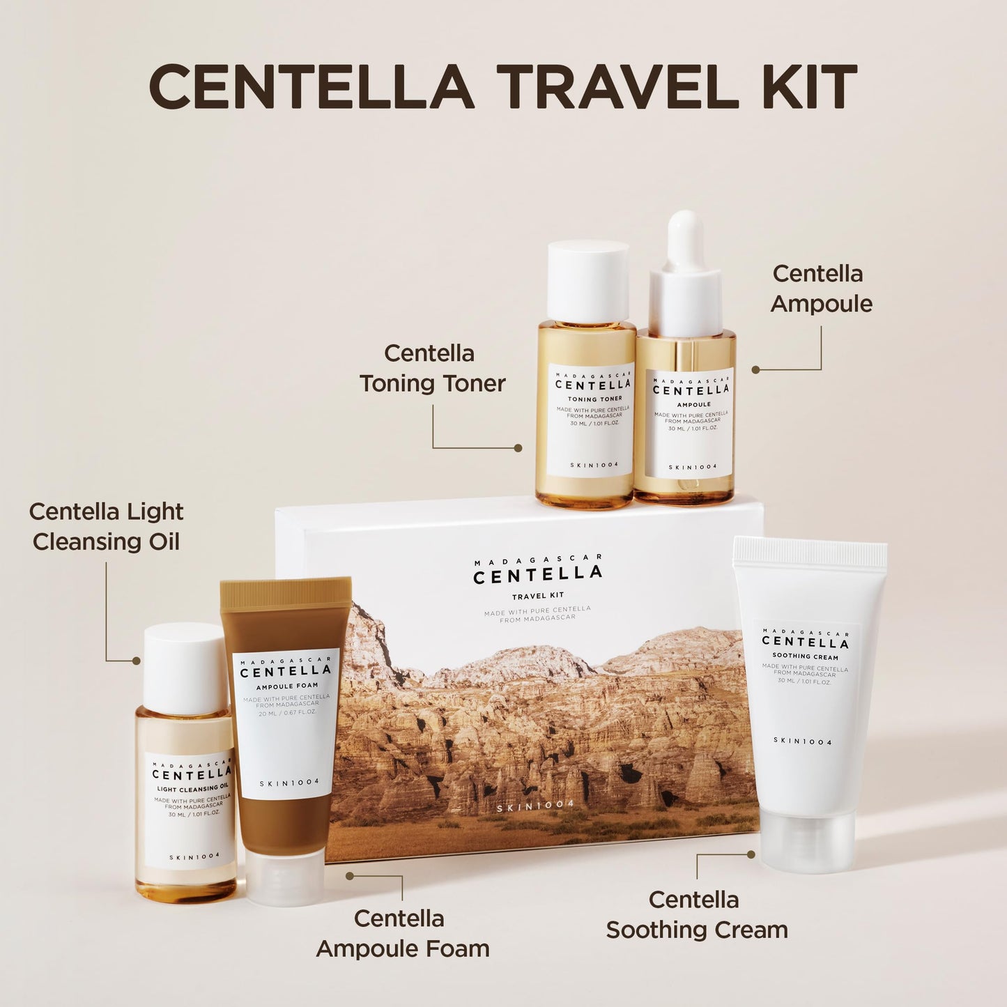 SKIN1004 Centella Travel Kit, Korean Skin Care Set with Toner, Moisturiser, Serum, Cleansing Oil & Cleanser, Travel Size Set with Madagascar Centella, Sensitive Skin, Perfect for Travel Beauty & Gifts