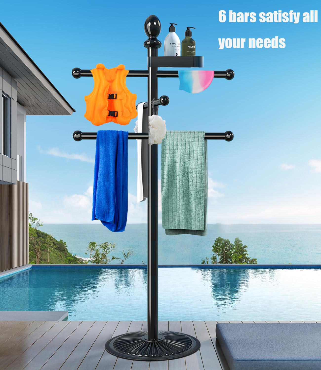 Pool Outdoor Towel Rack, Metal Heavy Duty Never Tilt Pool Accessories with Heavy Metal Base, 6 Bars Hot Tub Accessories Towel Dying Rack Towel Stand for Pool, Spa