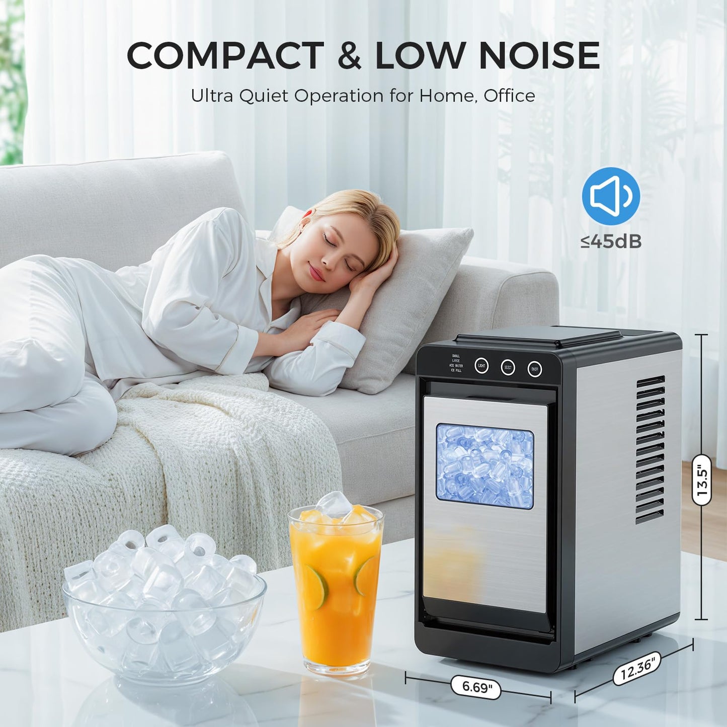 COWSAR Ice Maker Countertop, Portable Ice Machine with Self-Cleaning, 8 Cubes in 6 Mins, 26 lbs/24Hrs, Quiet Commercial Compact Ice Machine for Home, Camping, Bar, Sliver