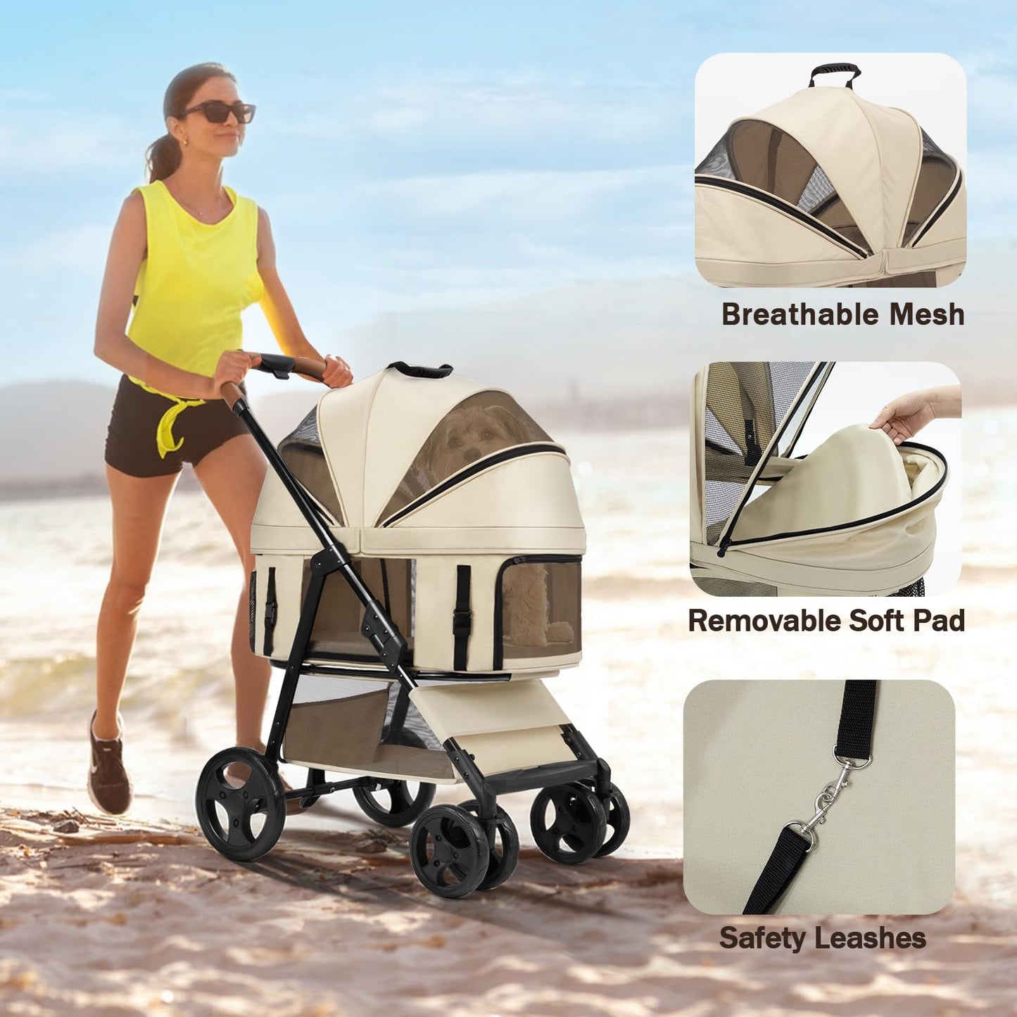 4 Wheels Pet Stroller for Small/Medium Dogs and Cats,Dog Stroller with Detachable Carrier and Storage Basket,One Click Folding,Compact Portable,Up to 50lbs,3 in1 Multifunctional(Grey)
