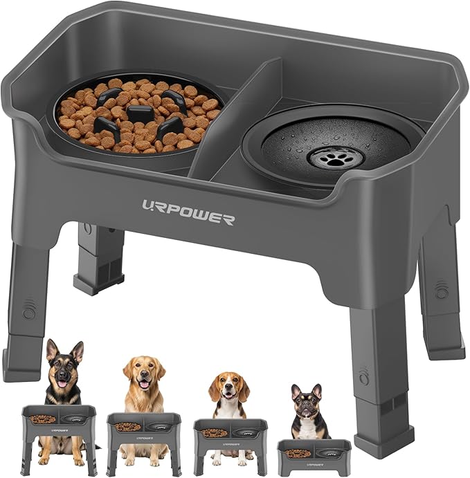 URPOWER Mess Proof Elevated Dog Bowls 4 Height Adjustable Raised Stand with No Spill Water Bowl and Slow Feeder Dog Bowls Non-Slip Food and Water Bowl Set for Small, Medium & Large Dogs
