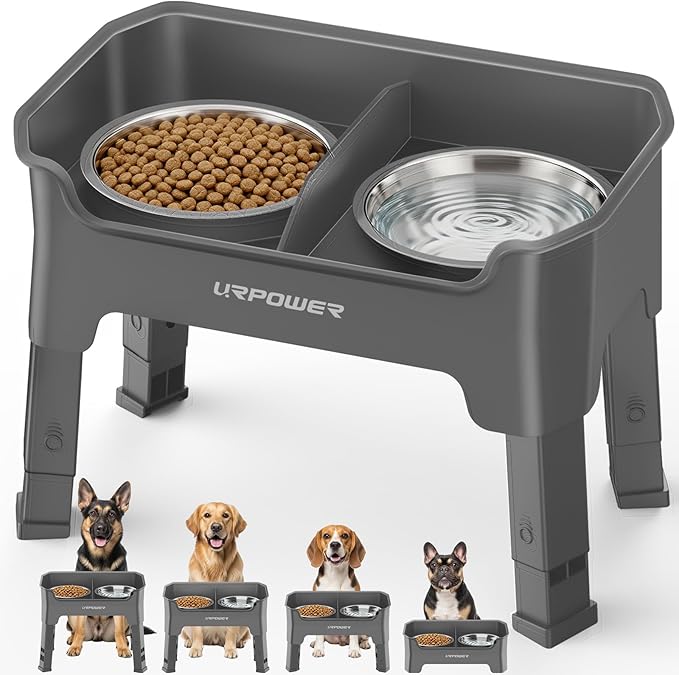 URPOWER Mess Proof Elevated Dog Bowls, High Wall Splash Guard Design, 4 Height Adjustable Raised Bowl Stand, 2 Large Stainless Steel Bowls, Non-Slip Food Water Set for Small Medium Large Dogs